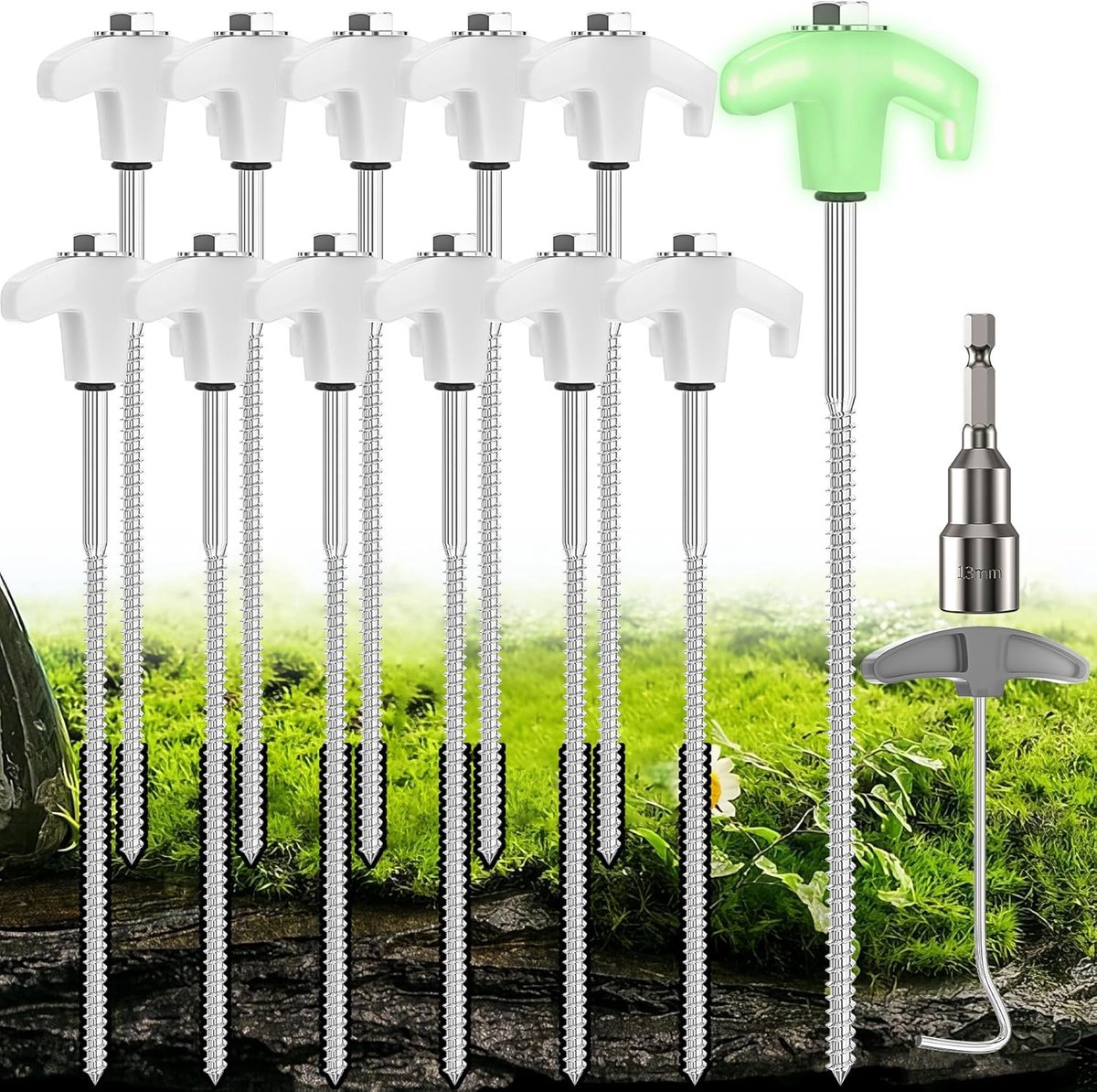 SnelShoppen - 12Pcs Camping Tentharingen Set - Stalen Grondharingen 25CM voor Stabiele Tent Ankers - Inclusief Trekker en Zeshoekige Boor - Voor Harde