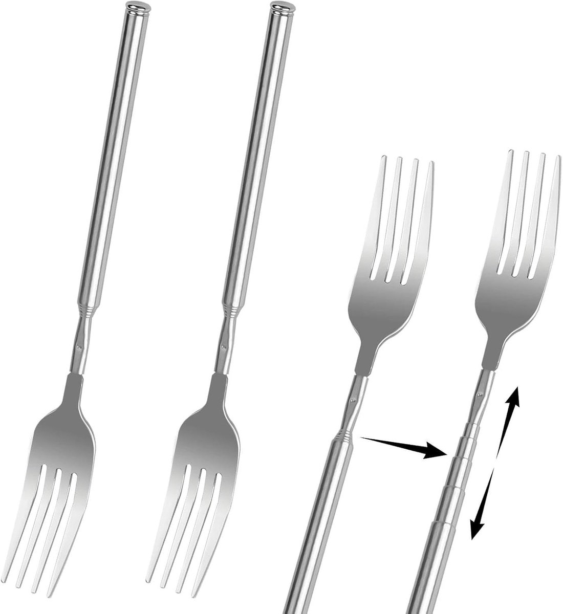 SnelShoppen - 2 Pcs Verlengbare Vorken, RVS Telescopische Vorken voor BBQ, Reis, Fruit, Dessert, 22.1 tot 64.5 cm, Langhandige Bestek, Grappige Keuken