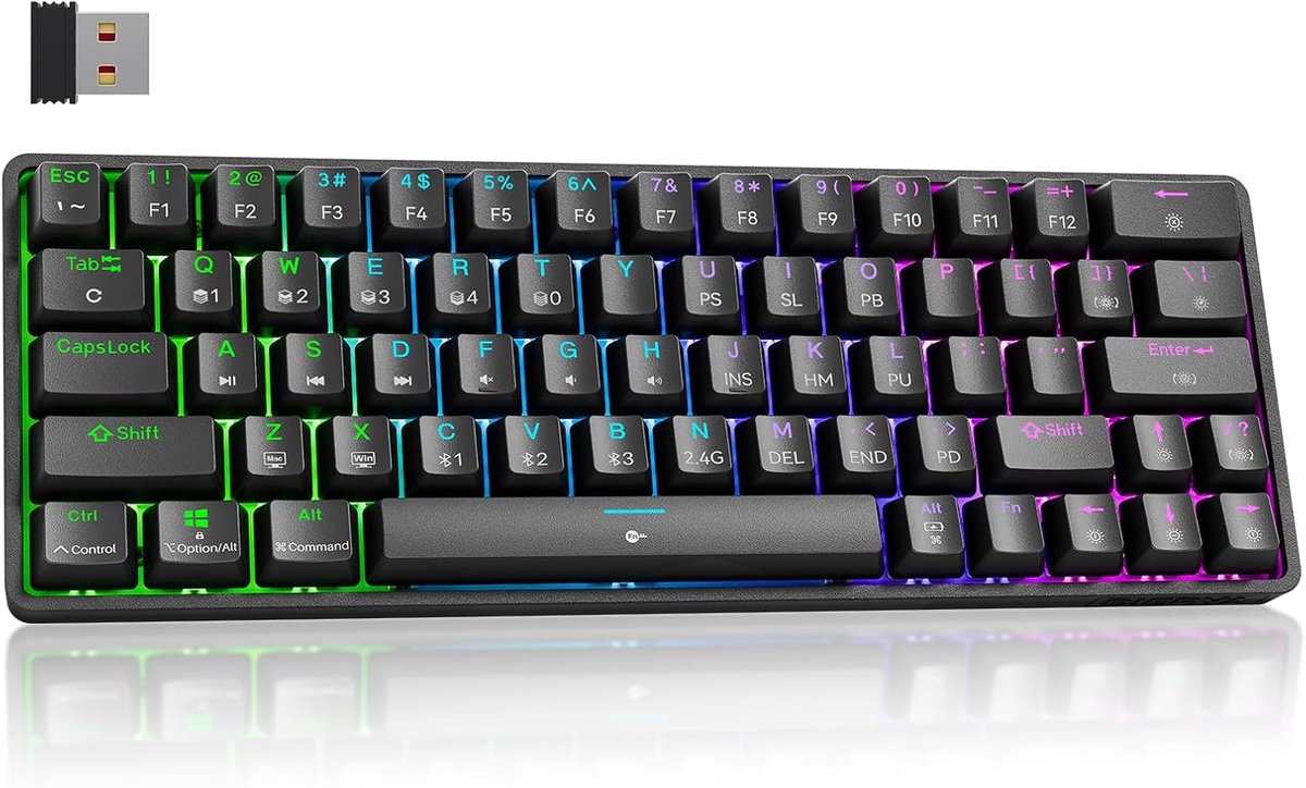 SnelShoppen - Draadloos Gaming Toetsenbord 60% - Compact Mechanisch Toetsenbord met Bluetooth/2.4G/Type C - 63 Toetsen - Lineaire Rode Switches - Zwar