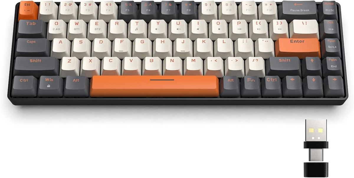 SnelShoppen - Draadloos 60% Mechanisch Gaming Toetsenbord, Bluetooth 5.0/2.4Ghz Compact 68 Toetsen, Hot Swappable, Energiezuinig, Rood Schakelaar, Min