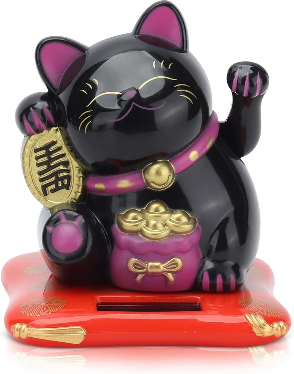 SnelShoppen - Swingende Geluks Cat - Zonne-energie Welkom Rijke Kat - Feng Shui Auto Decoratie - 6.5x7x8cm - Zwart - Desk Ornament voor Thuis en Kanto