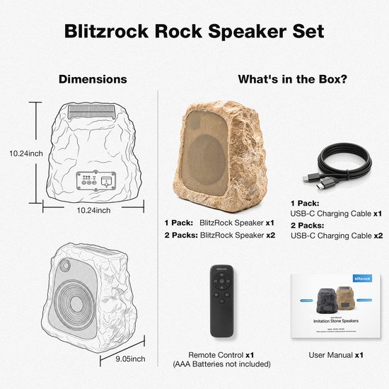 BlitzRock Set van 2 Bluetooth 5.4 Luidsprekers voor Buiten - Rotsdesign Tuinspeakers - 30 W HiFi Geluid - Solar Oplaadbaar - Weerbestendig — afbeelding 2