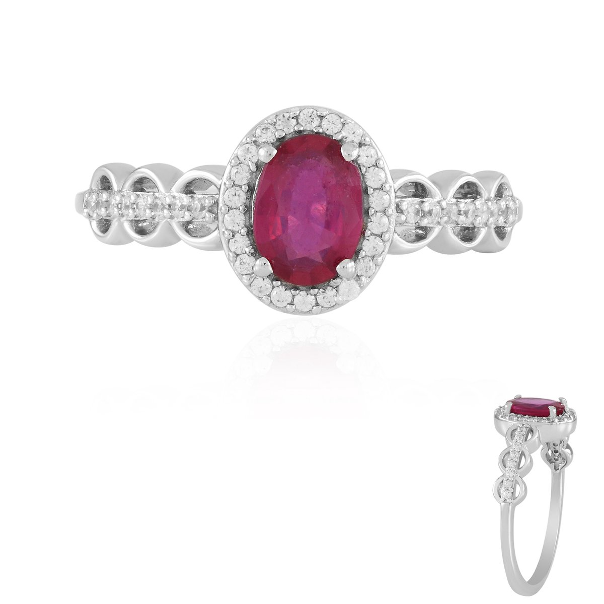 Cavill - Luxe Zilveren Ring met Bemainty Robijn 0,941 ct - 925 Sterling Zilver Geplatineerd - Ovaal Geslepen Robijn uit Madagaskar - Zirkonen Accent