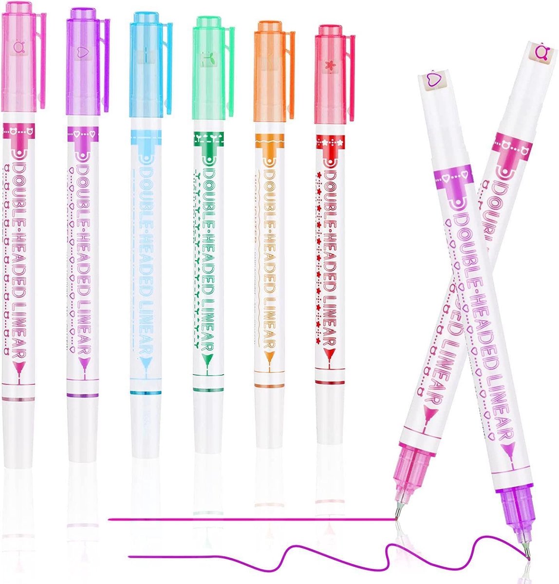Thijox - OFFCUP Curve Markeerstiften Set van 6, Dual Tips Highlighter Pennen, Puntige Stiften met Verschillende Patronen, Penseelpen, Pastel Kleur voo