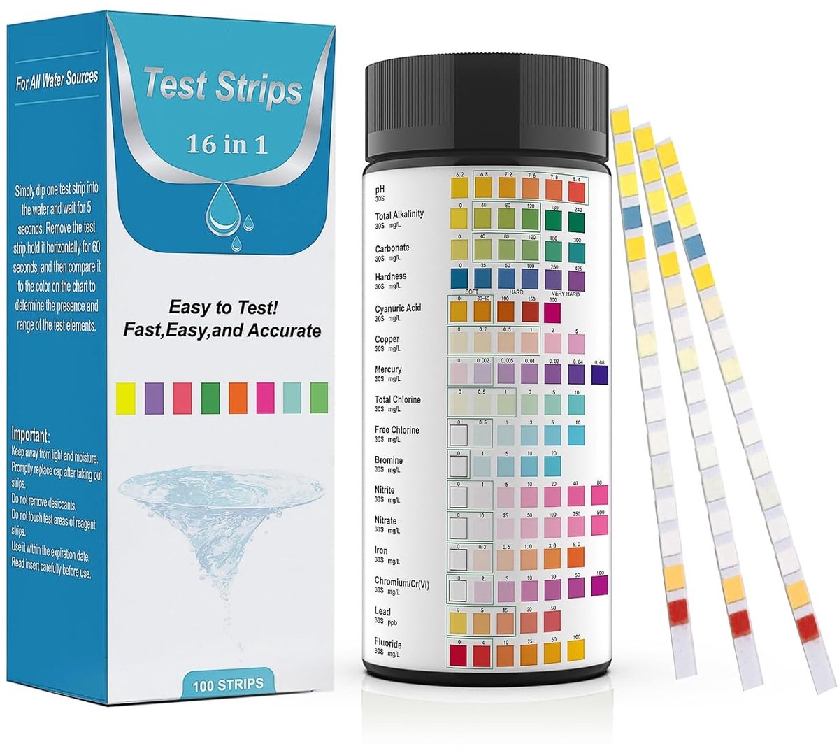 SnelShoppen - 16 in 1 Water Test Strips (100 Stuks) - Test pH, Nitriet, Chloor, Hardheid, Kwik en Lood voor Drinkwater, Zwembad, Aquarium, Tuin en Keu