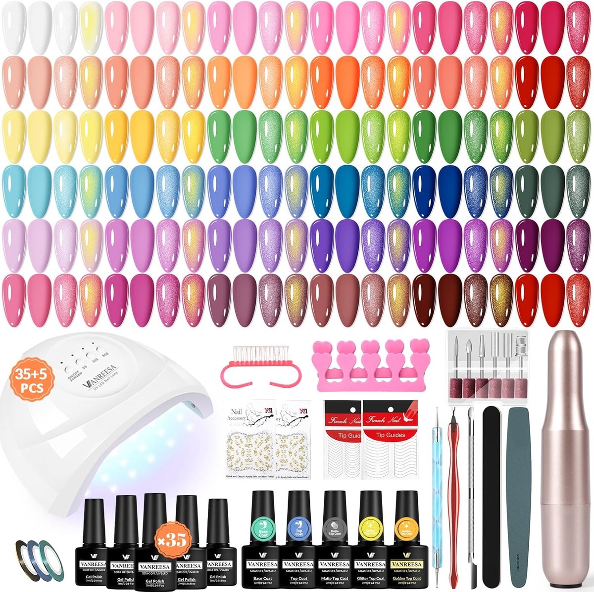 SnelShoppen - Gel Nagellak Set met Lamp en Vijl, 35 Kleuren, UV/LED 48W, Glitter en Gouden Topcoat, Complete Manicure Tools voor Thuisgebruik, Perfect