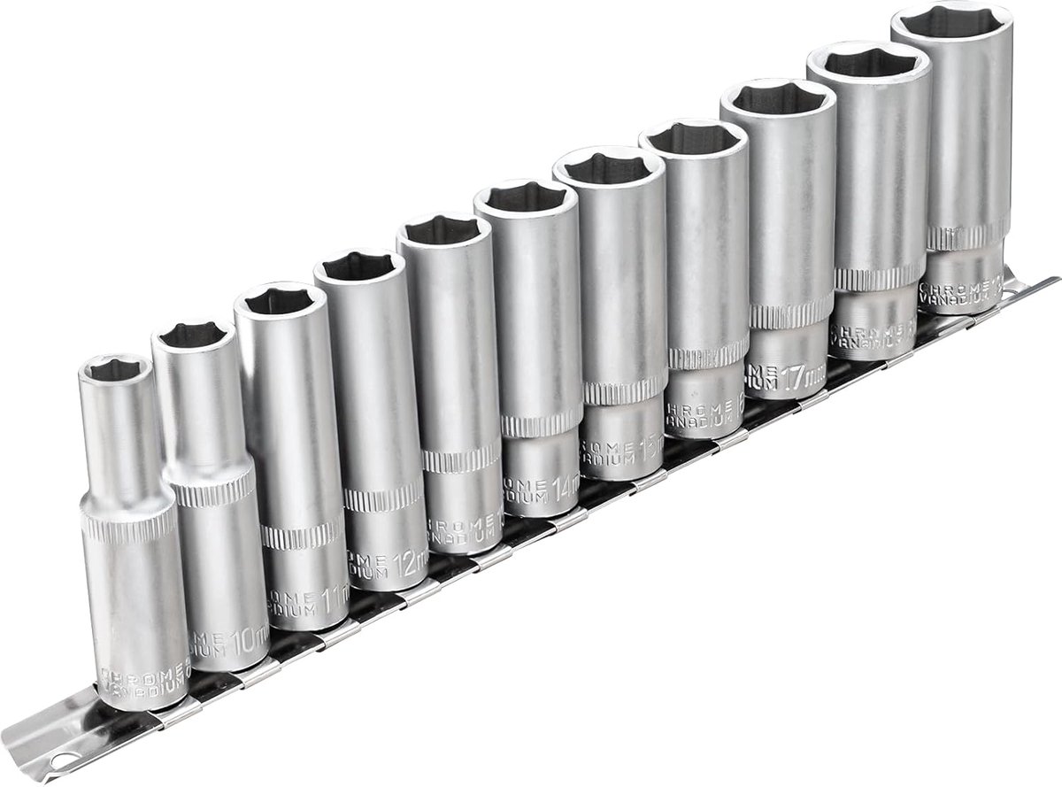 SnelShoppen - 11-delige Hex Lang Steeksleutel Set 3/8 Inch Drive Metrisch Diepe Steeksleutels 8-19mm met Metalen Rail voor Thuis Auto Reparatie en DIY
