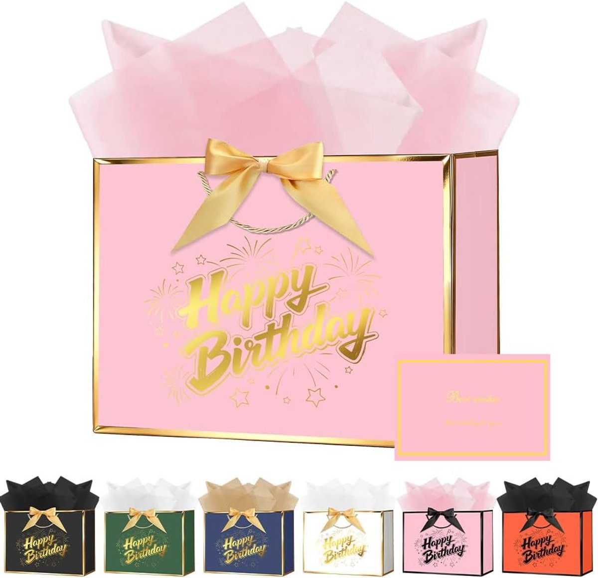 SnelShoppen - Luxe Verjaardagscadeau Zak, 11 x 20 x 10 cm, Happy Birthday Gift Bag met Tissue Papier, Wenskaart en Handvatten voor Vrouwen en Meisjes