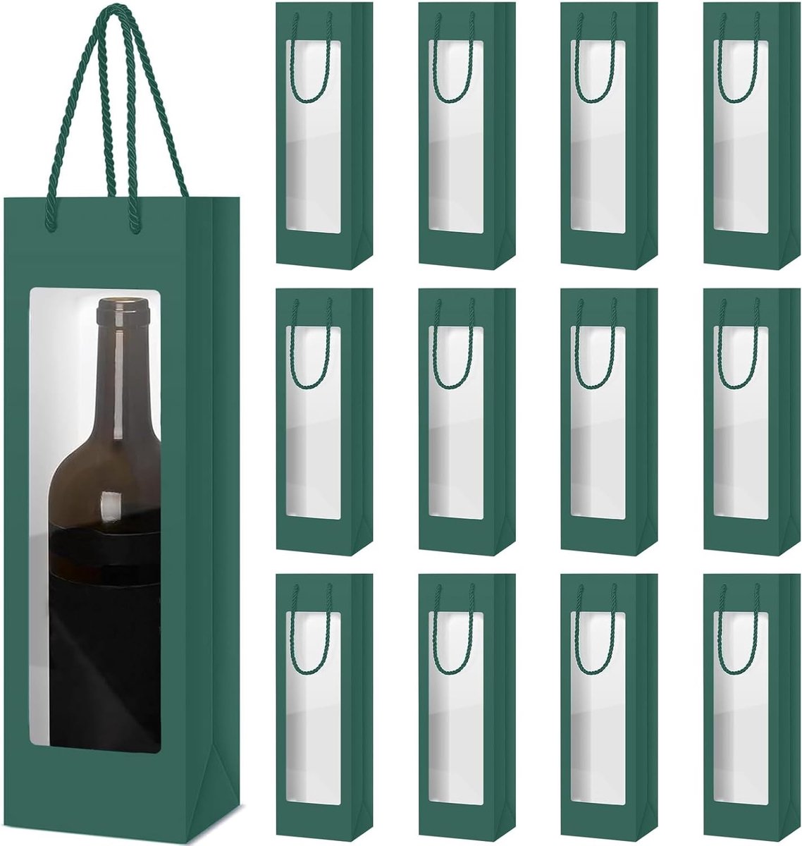 SnelShoppen - 12 Stuks Wijn Flessen Cadeau Tassen met Venster - Groene Kraft Papier Wijnflessen Tassen voor Rode Wijn, Whisky, Champagne - Perfect voo