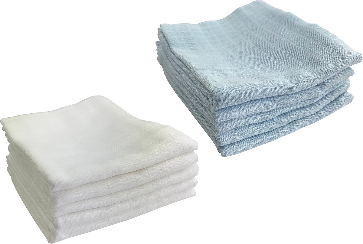 SnelShoppen - Pack van 10 Luiers | Burp Doeken 100% Katoen - Doekjes voor Baby, Oeko-Tex Gecertificeerd, 80 x 70 cm (5 Wit, 5 Blauw) voor Borstvoeding