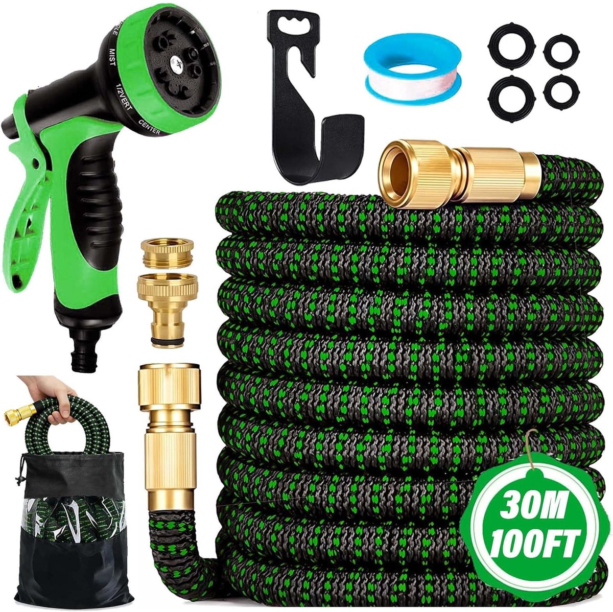 SnelShoppen - Flexibele Tuinslang 30 m - Tuinwaterslang met 10 Functies - Duurzame 3-Laagse Latex - 3/4 inch en 1/2 inch Metalen Aansluitingen - Groen