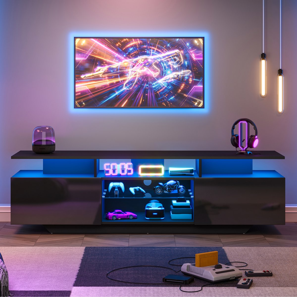 Clruro Tv-meubel - 160 × 40 × 45 cm - met App-LED - met Glas - Zwart
