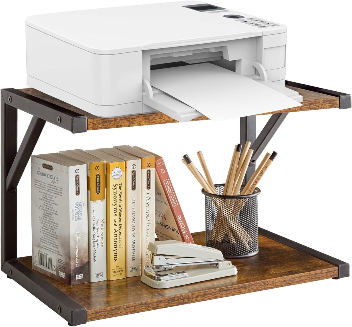 SnelShoppen - Desk Organizer met 2 Niveaus, Multifunctionele Bureau Organizer, Boekrek voor Printer, Fax, Scanner, Bestanden en Boeken, Rustiek Bruin,