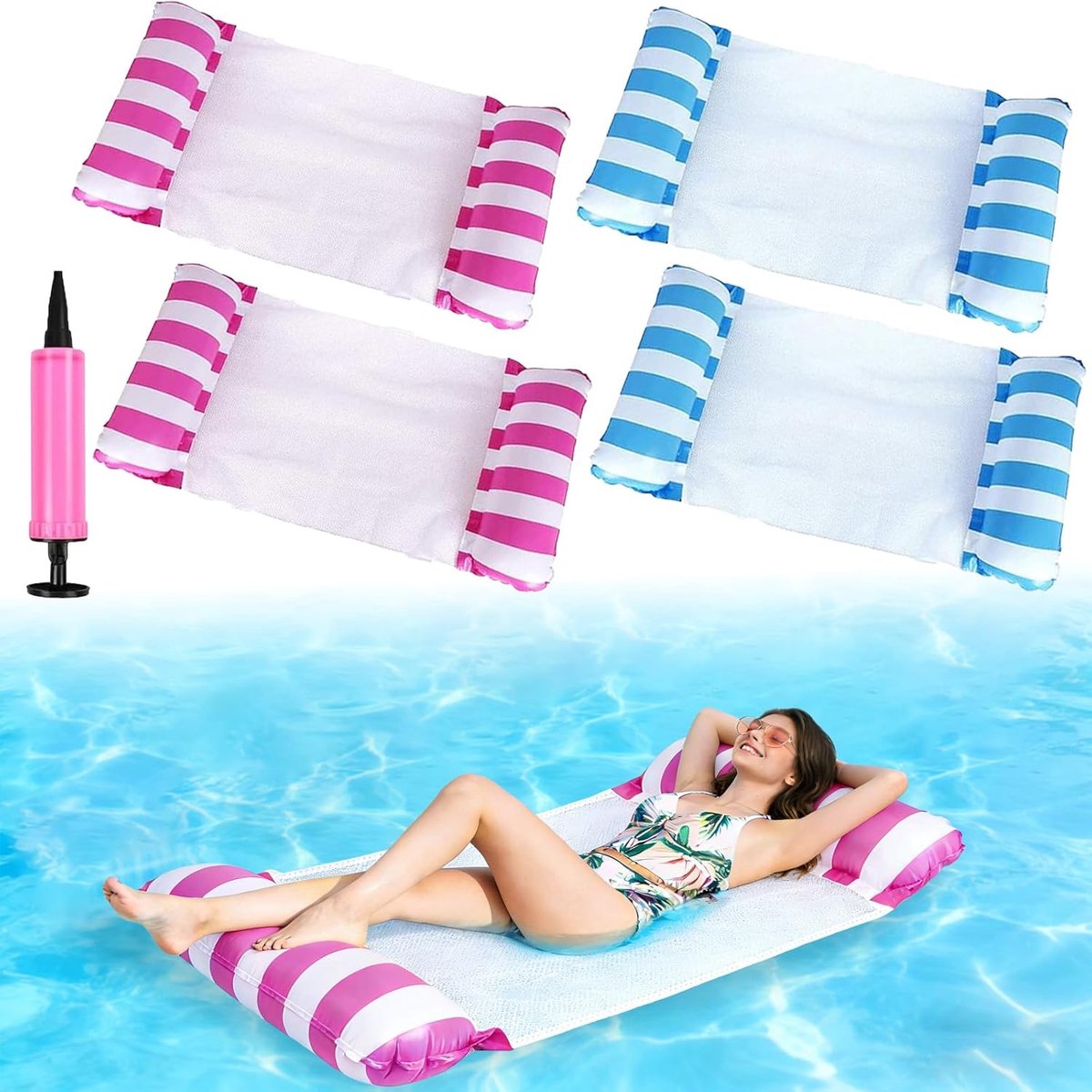 SnelShoppen - Opblaasbare Drijvende Hangmat 4-in-1 - Strandhangmat, Zwemligstoel, Drijvend Bed met Net - Hoogwaardig PVC, Ideaal voor Zee, Zwembad, Va