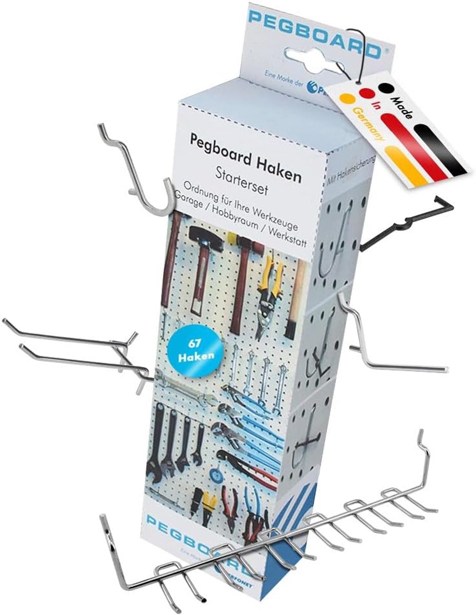 SnelShoppen - Pegboard 67-delige Haakset voor Gereedschap, Garage, Werkplaats, Tuinhuis, Thuisgym of Keuken - Inclusief Chrome-plated Metalen Haken