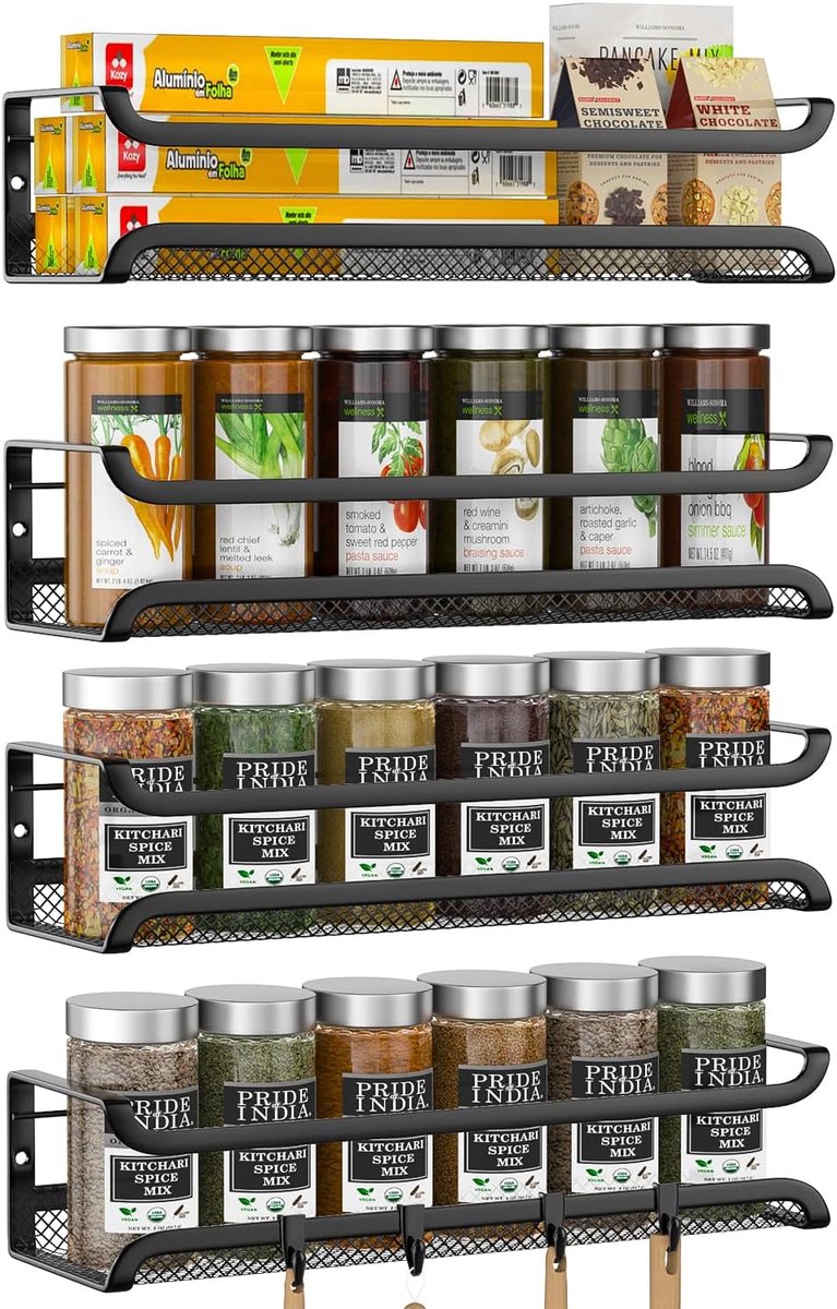 Thijox - Kruidenrek voor aan de muur zonder boren, 4 stuks kruidenorganizer met beweegbare haken, hangend metalen kruidenrek voor keuken en kastdeur,