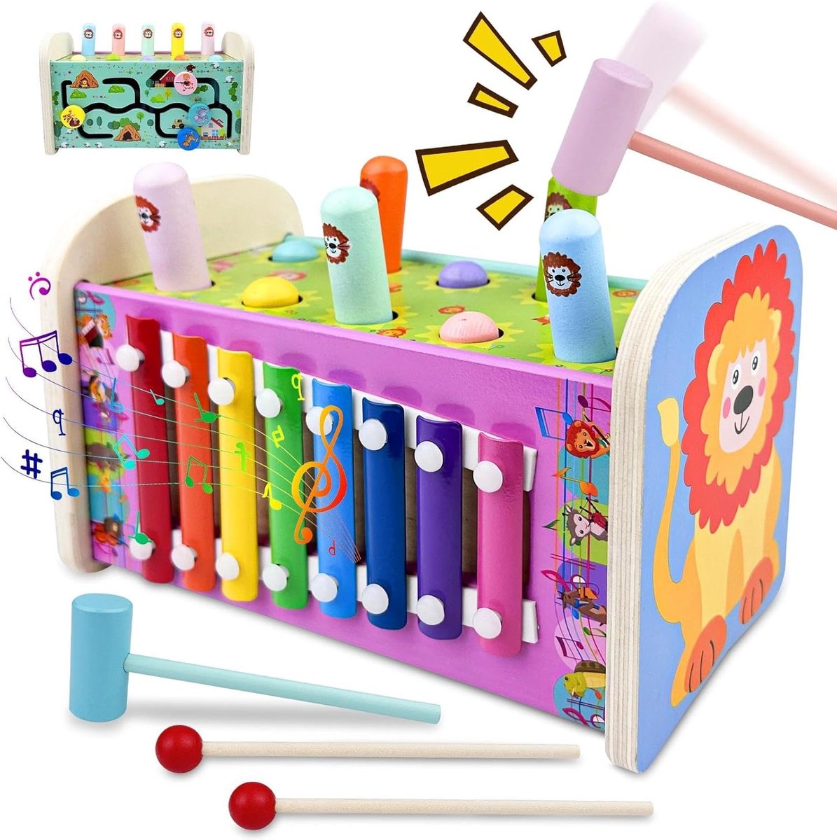SnelShoppen - 3-in-1 Houten Speelgoed voor Kinderen met Xylofoon, Molen, Labyrint, Educatieve Spellen, Montessori, Hamerbank, Muzikale Instrumenten vo