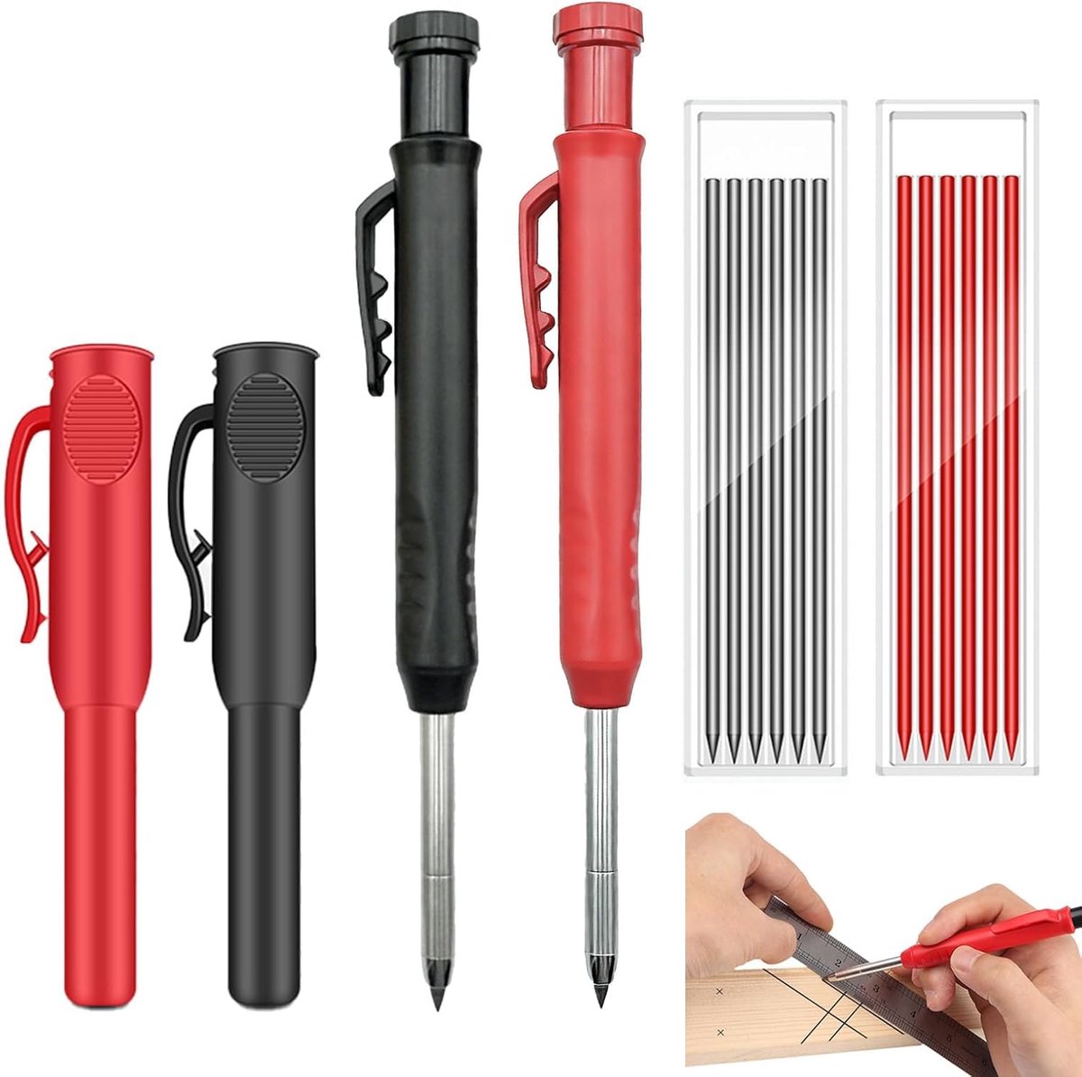 SnelShoppen - Professionele Bouwpotlood Set - 2 Stuks Houtbewerkingspotloden met 12 Grafiet Navullingen - 2.8 mm Mechanisch Gereedschap met Geïntegree