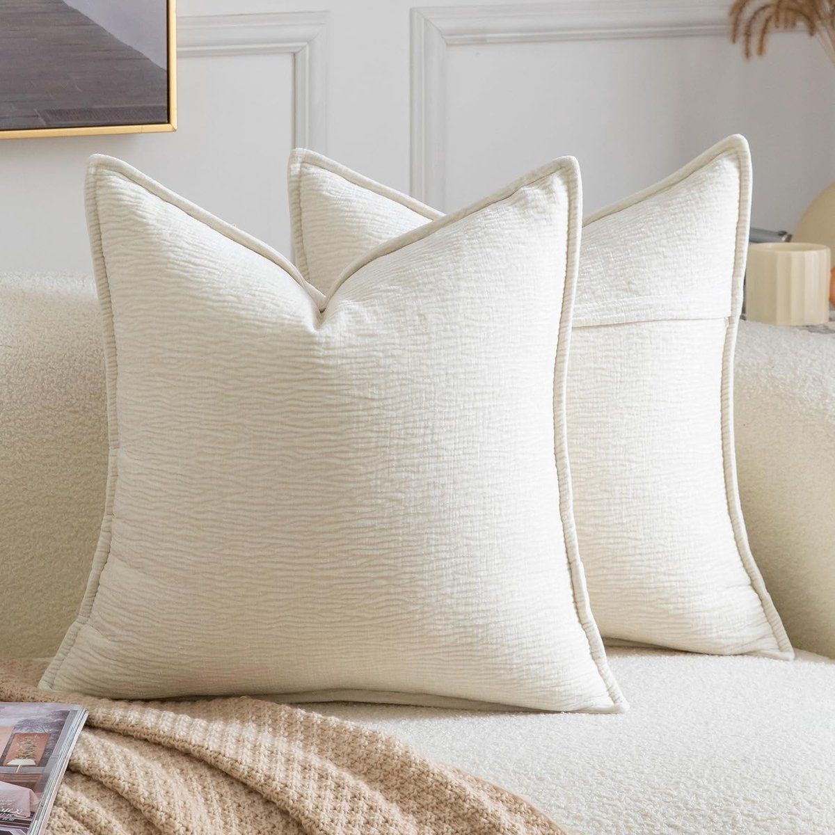 SnelShoppen - Set van 2 Chenille Kussenslopen 50x50cm Cream Wit - Zachte en Duurzame Kussens voor Sofa, Slaapkamer en Woonkamer, Elegant Flens Design