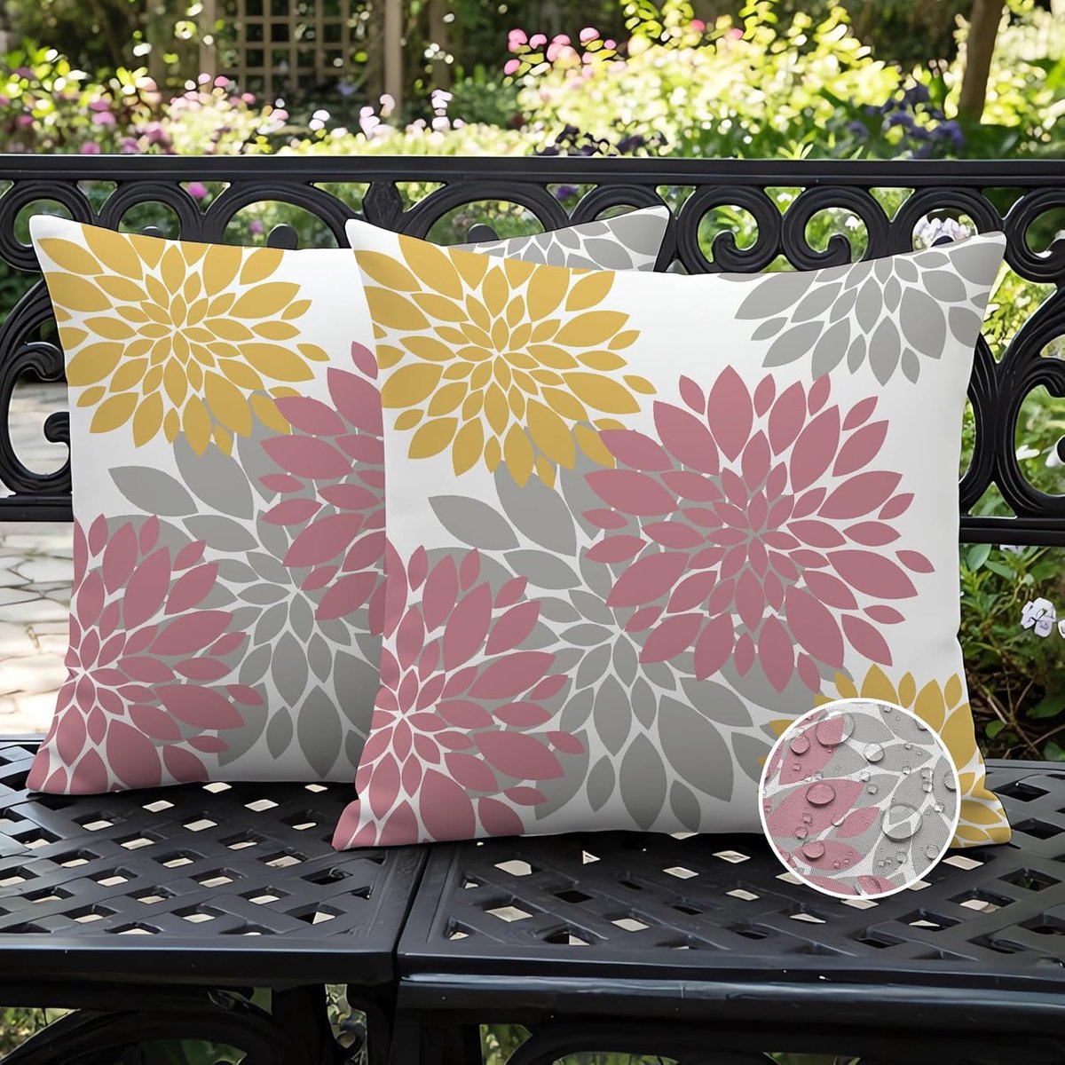 SnelShoppen - Set van 2 Waterdichte Buiten Kussenhoezen 50 x 50 cm, Roze/Gele Dahlia Motief, Decoratieve Kussenhoezen voor Tuin, Sofa, Feest, Moderne
