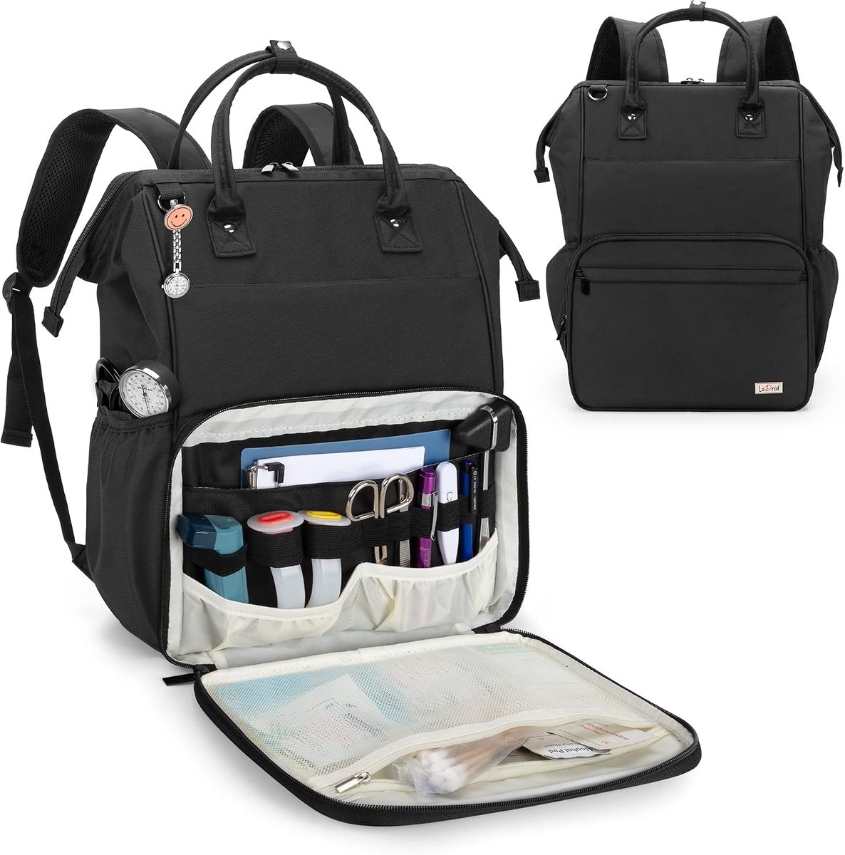 SnelShoppen - Verzorgingstas voor verpleegsters, robuuste medische rugzak met stalen frame, 15,6 inch laptopvak, stevige ritssluiting, zwart