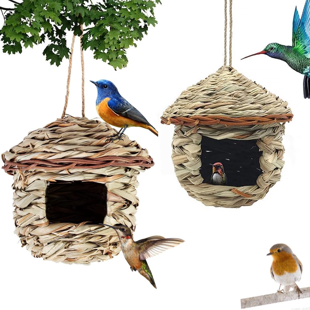 Thijox - Handgeweven Vogelhuisje, 2 Stuks Handgemaakt Vogelnest voor Kolenmezen, Roodkloof, Duurzaam en Ademend, Perfect voor Tuin en Buitenleven
