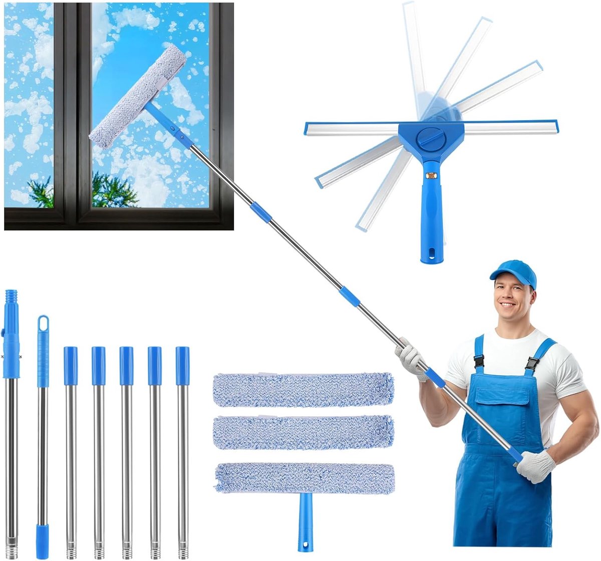 SnelShoppen - 2-in-1 Ramenwisser Set met 180° Rotatie, Telescopische Handgreep van 300 cm, Chenille Vervangpads, Professionele Glaskraan voor Binnen e