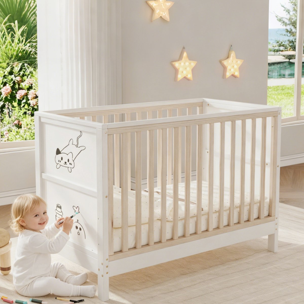 Babybed 120x60 cm - Met Beschrijfbare Zijpanelen En 3-Voudig Verstelbare Hoogte - Omvormbaar Tot Aanschuifbed Zonder Matras - Hout - Naturel Wit