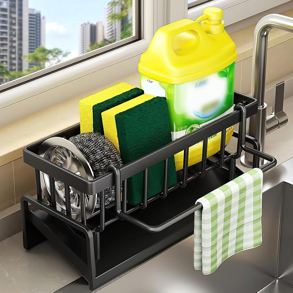 Compacte spoelbakorganizer met zelfledigende afvoer en kantelbare waterschaal