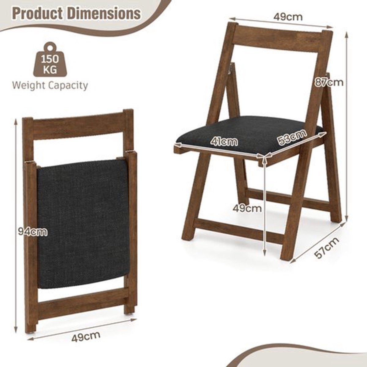 Klapstoel – Vouwstoel – Opklapstoel – Eettafelstoel – Tuinstoel – Rubberhouten Frame – Zit