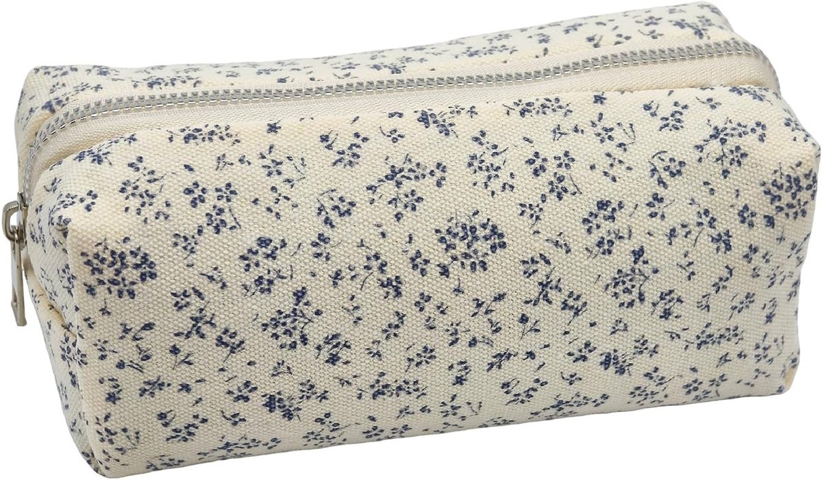 Aesthetic Bloemen Etui met Rits voor Meisjes – Multifunctionele Pennenhouder, Make-up Tas en Handtas (Lichtblauw)
