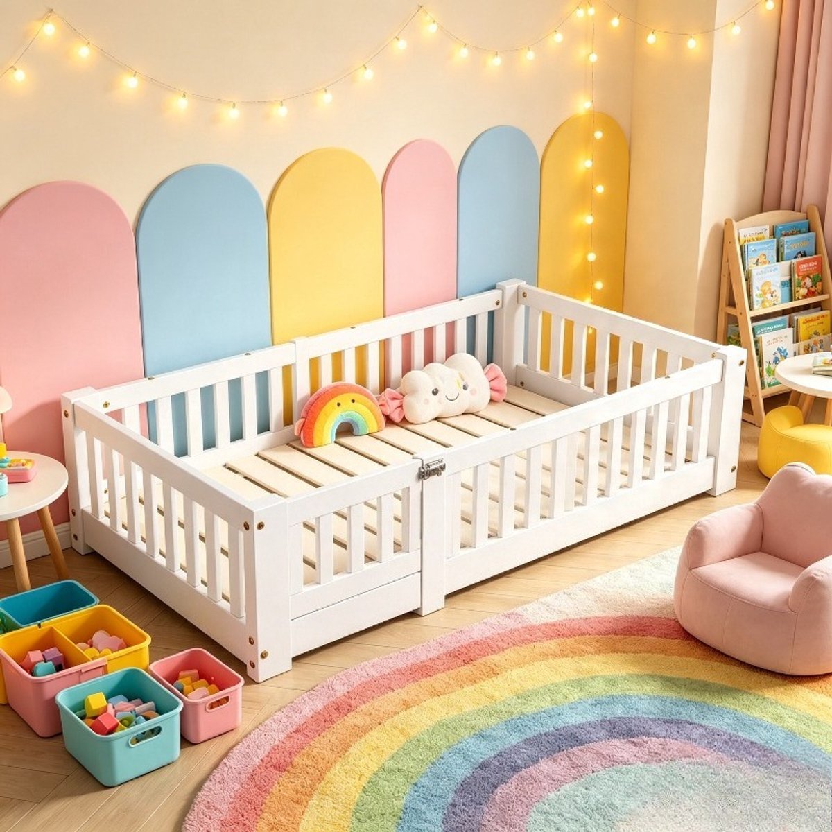 ROSAHQNDA Kinderbed 80x160 cm, vloerbed en montessoribed voor kinderen met veiligheidshekje, eenpersoonsbed van hout met lattenbodem, witte bedframe, zonder matras
