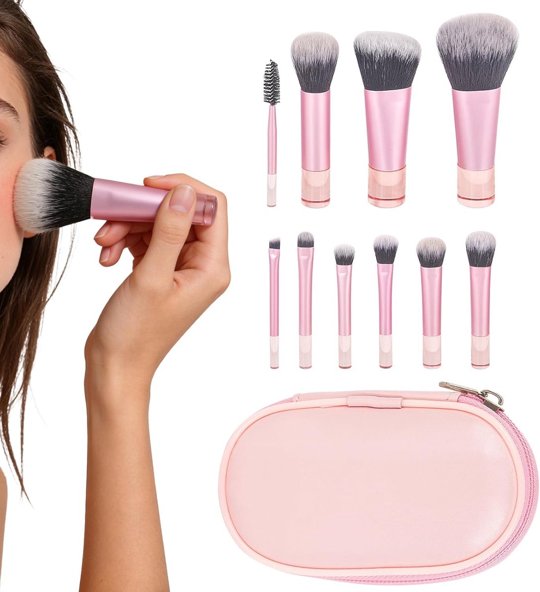 SnelShoppen - Penseelset Make-up 10 Stuks - Make-upkwasten Set met Opbergtas - Draagbare Mini Kwasten voor Foundation, Oogschaduw, Rouge, Contour, Roz