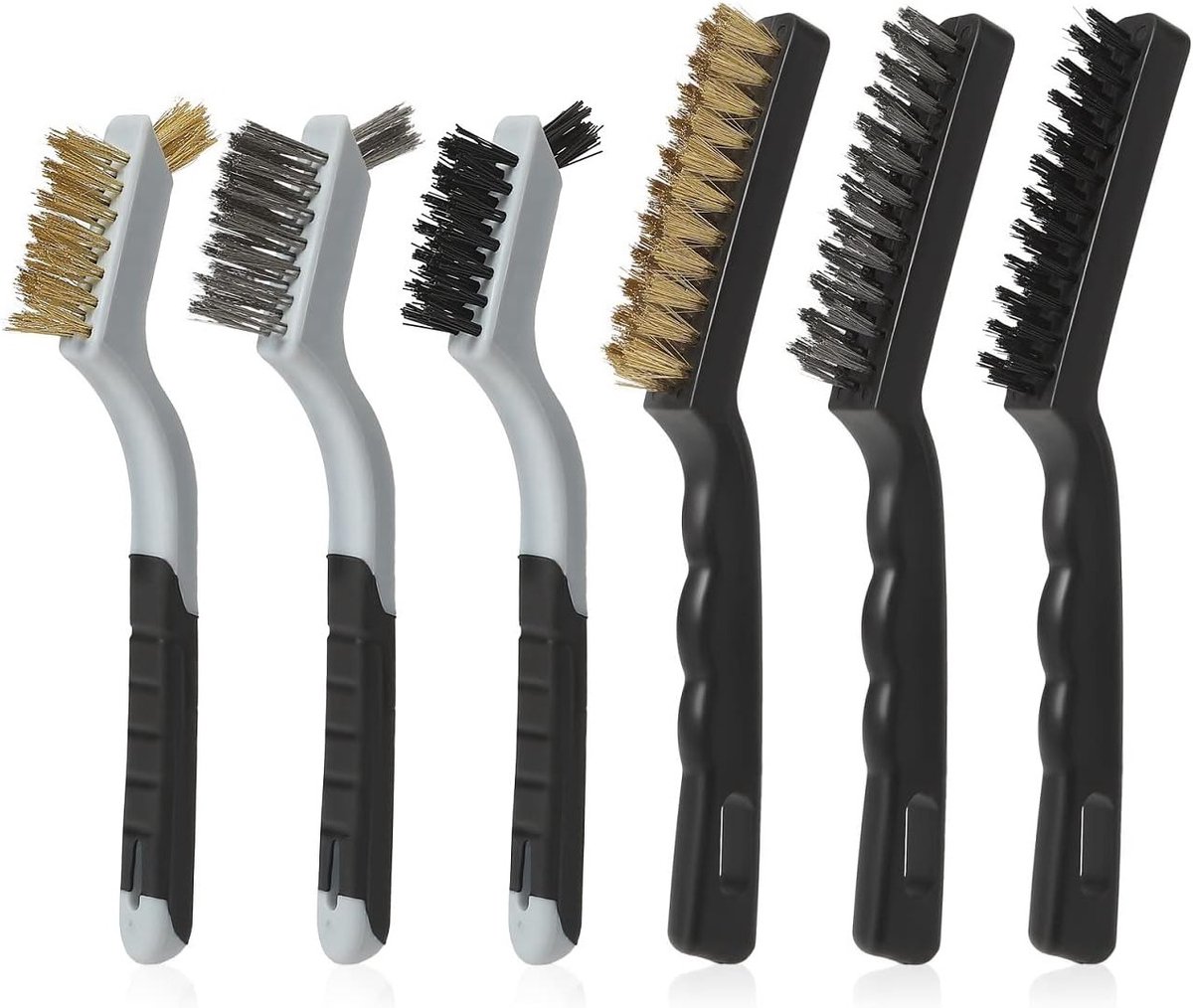 6-delige handborstelset met 2 messing draadborstels, 2 roestvrijstalen borstels en 2 nylon borstels voor het verwijderen van hardnekkig vuil en roest