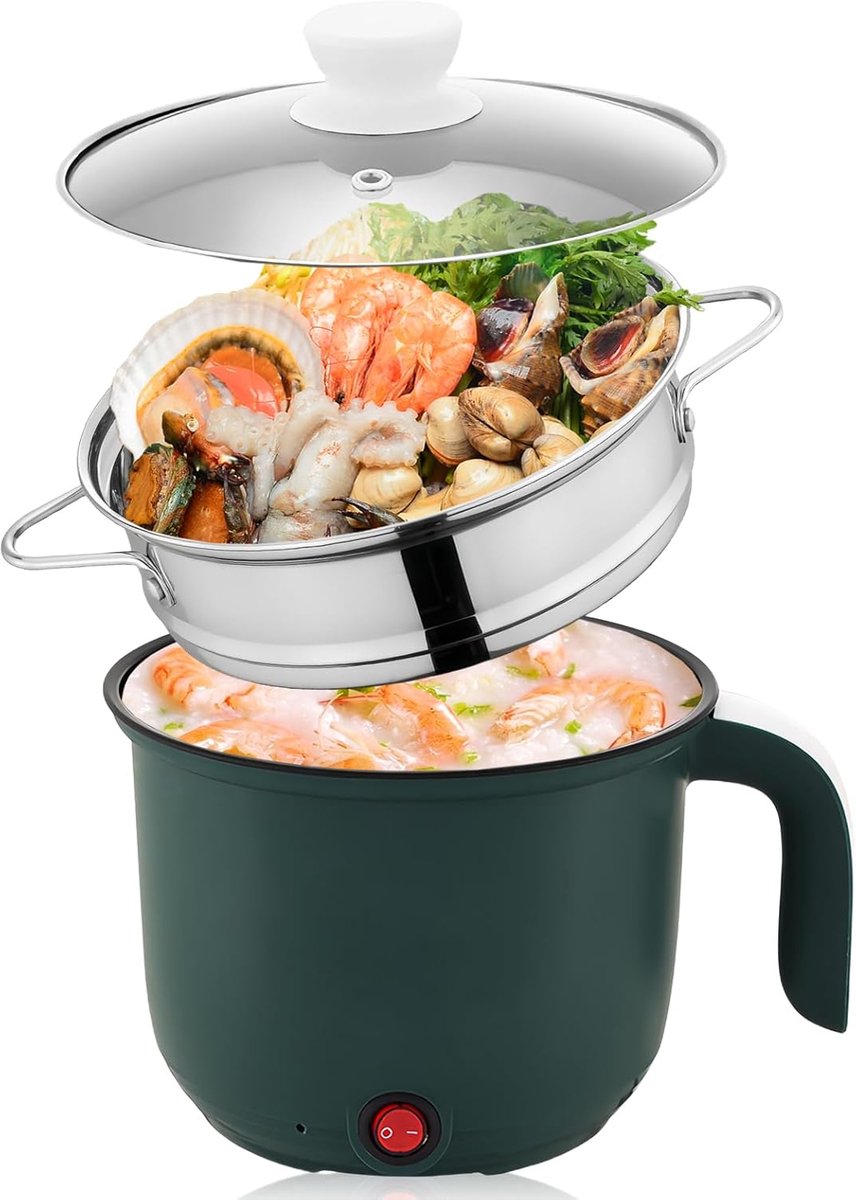 SnelShoppen - Electric Hot Pot 1.8L - Mini Non-Stick Multicooker met Stoompan - Draagbare Soep Pan voor Keuken, Camping, Studenten en Reizen