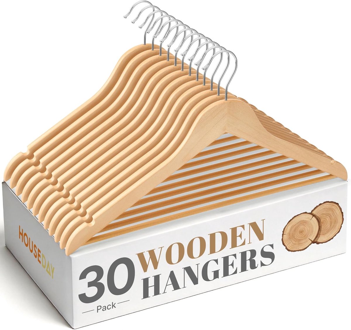 SnelShoppen - 30-delige set houten kleerhangers, ruimtebesparend en stevig, met 360° draaibare haak, ideaal voor overhemden, pakken en broeken