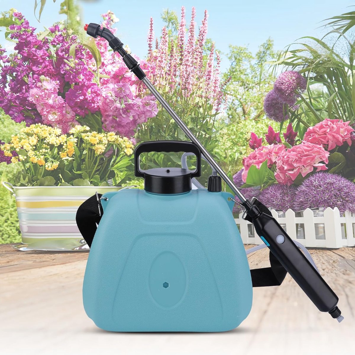 SnelShoppen - Elektrische Drukspuit 7L - Accu Spuiter met 3 Spuitmonden - Verstelbare Schouderband - Blauwe Tuinspuit voor Tuin, Camping en Schoonmaak