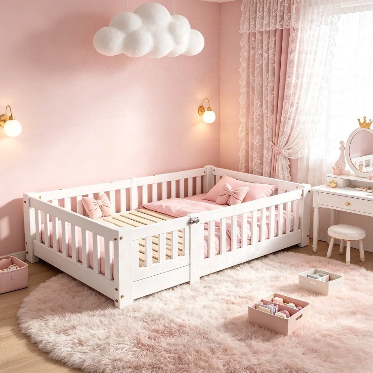 ROSAHQNDA Kinderbed 90x200 cm, vloerbed en montessoribed voor kinderen met veiligheidshekje, eenpersoonsbed van hout met lattenbodem, witte bedframe, zonder matras