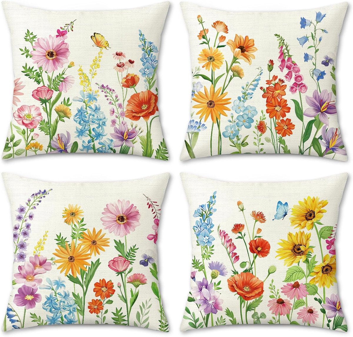 SnelShoppen - Bonhause Wildflower Kussenhoezen Set van 4, 45 x 45 cm, Polyester Linnen, Decoratieve Kussenovertrekken voor Bank, Slaapkamer, Auto, Thu