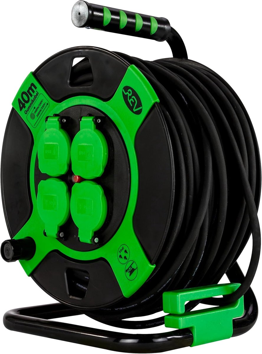 SnelShoppen - REV Kabelhaspel EX, 40 m, H05RR, IP44, 3000W, Buiten, 4 Geaarde Stopcontacten, Groen, Tuin, Camping, Feest