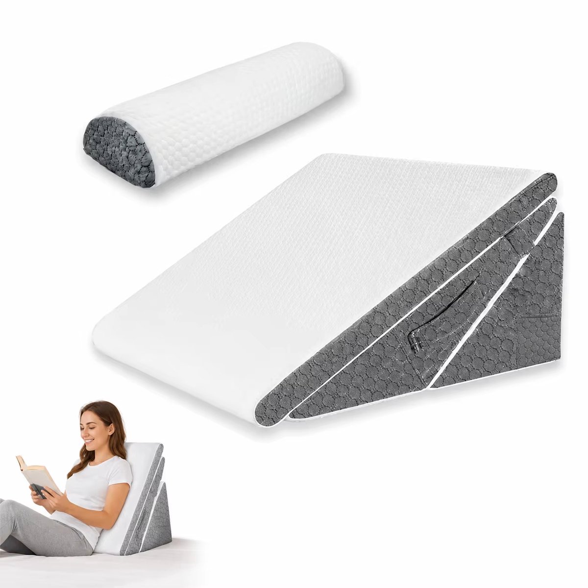 Wigkussen Set Verstelbaar – Opvouwbaar Driehoekig Slaapkussen voor Hoofd, Rug, Benen en Knieën – Ergonomisch Slaapcomfort – Wit En Grijs
