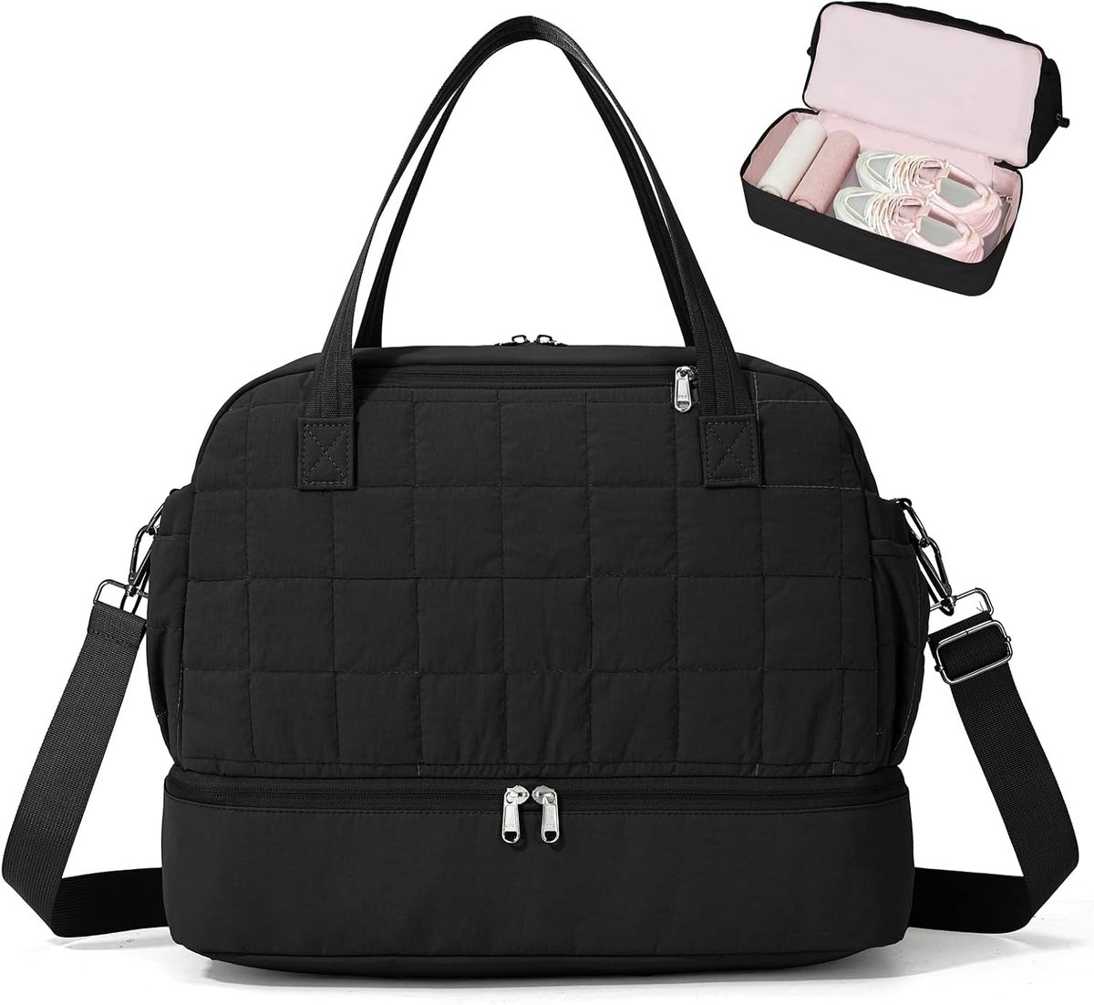 SnelShoppen - 30L Lichtgewicht Reistas met Schoenenvak & Natte Zak voor Vrouwen - Duurzaam Nylon/Polyester Weekender Hand Bagage in Zwart voor Reizen,
