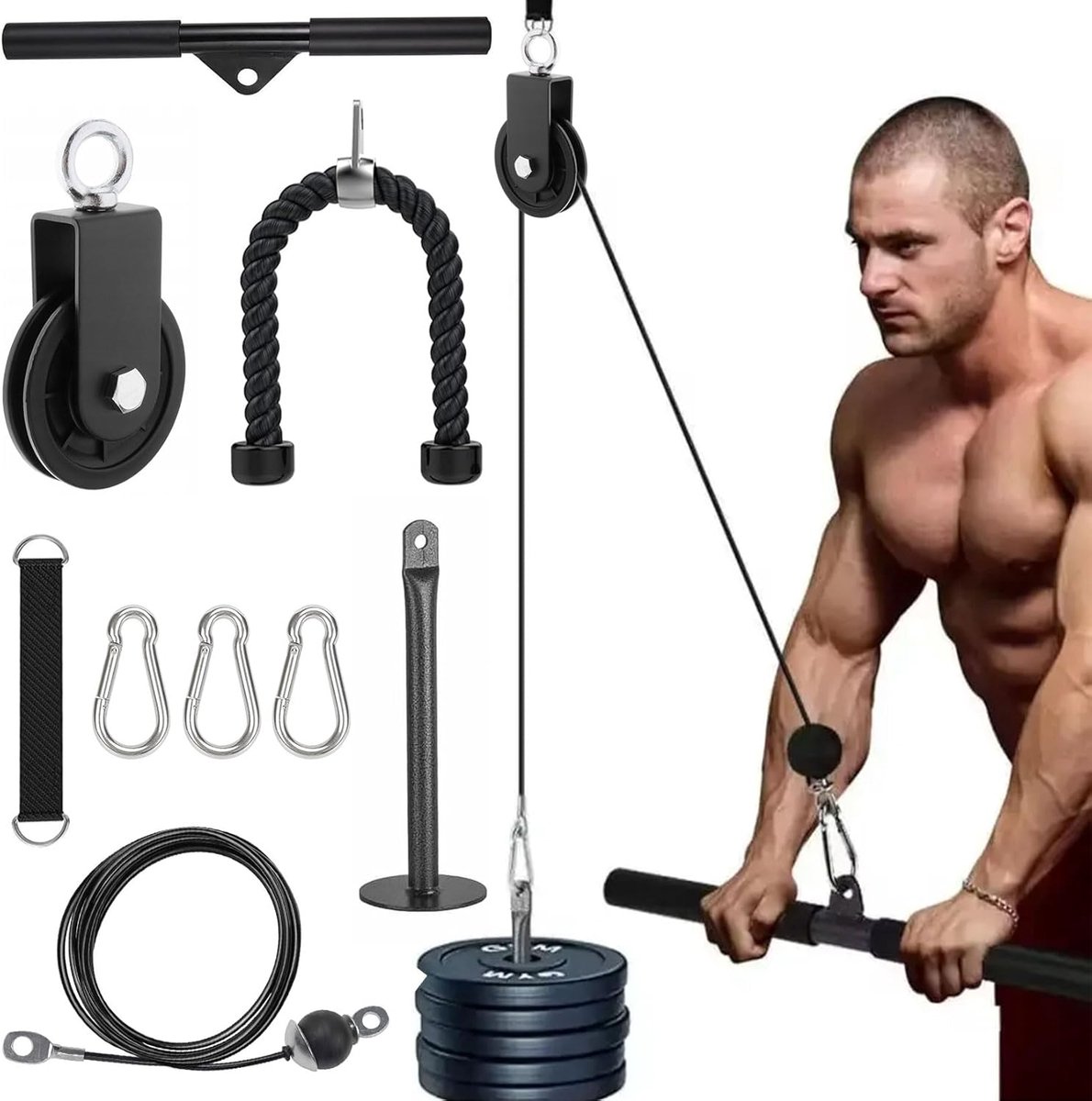 SnelShoppen - Cable Pull Fitness Pulley Systeem voor Thuis, Triceps Kabel en Rechte Bar Voor Rug- en Armtraining, Compact Thuis Gym Apparatuur