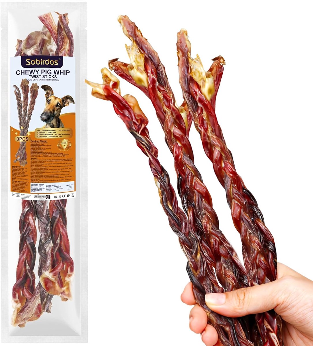 SnelShoppen - 5 Pcs Pig Whip voor Honden, Natuurlijke 6 Inch Tandverzorging Snacks voor Sterke Honden (XS, S, Varkensmelk)