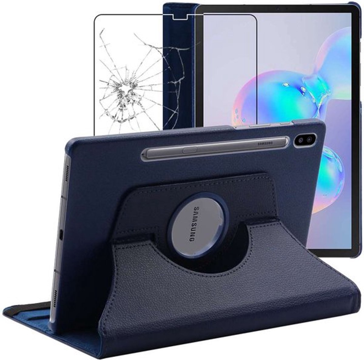 ebestStar - Hoes geschikt voor Samsung Galaxy Tab S6 10.5 T860/T865, Roterende Etui, Case, 360° Draaibaar hoesje, Donkerblauw + Gehard Glas