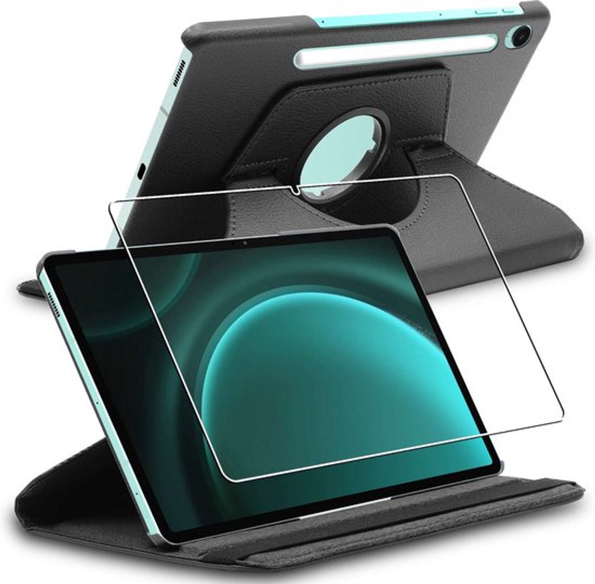ebestStar - Hoes geschikt voor Samsung Galaxy Tab S9 FE X510N, 5G X516B, Roterende Etui, Case, 360° Draaibaar hoesje, Zwart + Gehard Glas