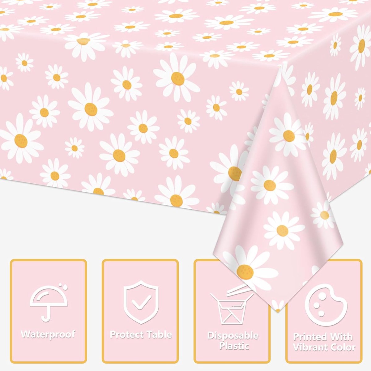SnelShoppen - 4 Stuks Roze Daisy Tafelkleed, Boho Bloemen Tafelkleed voor Retro Hippie Verjaardagsfeest, Babyshower, Bruiloft, 130x220cm