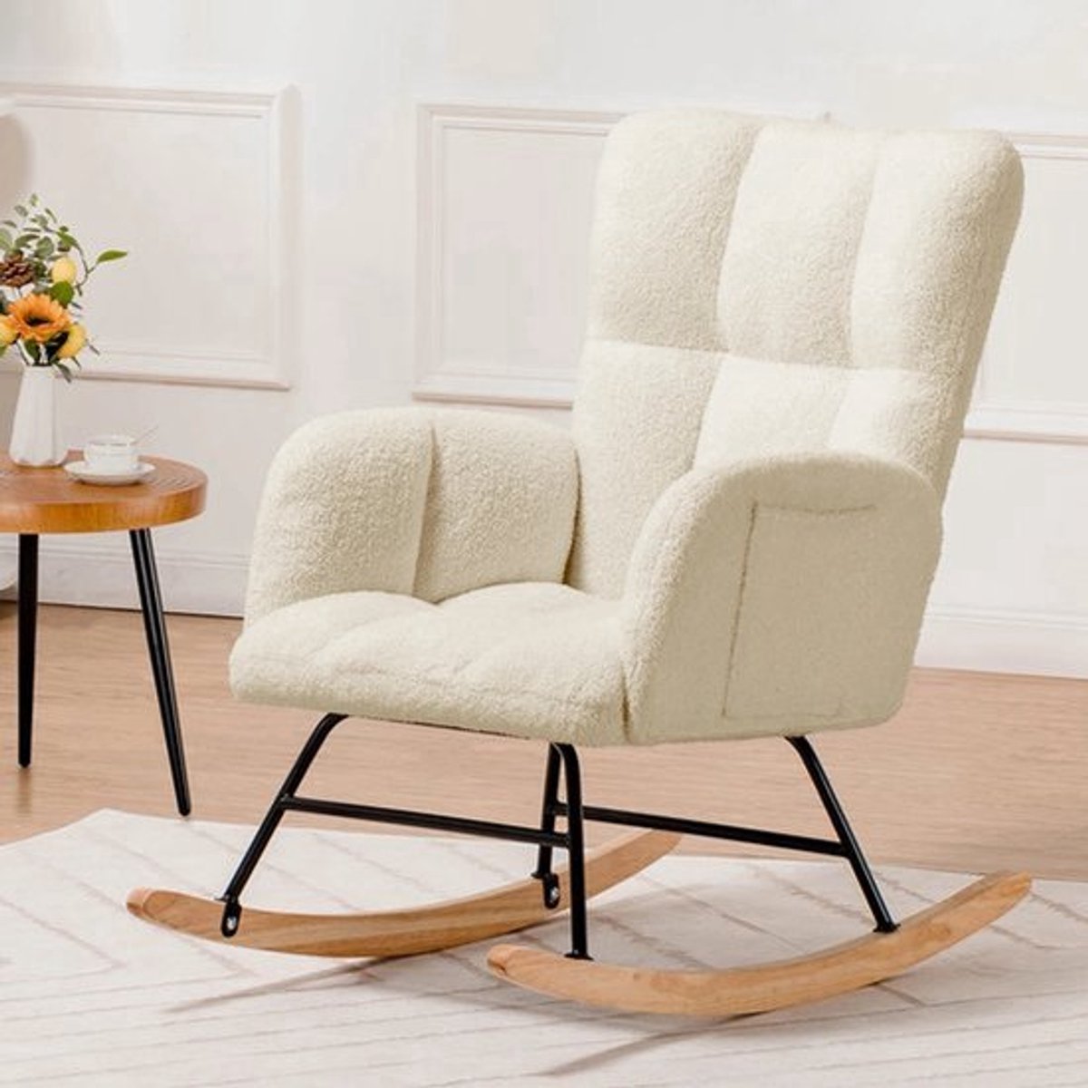 Schommelstoel – Relaxstoel – Fauteuil – Voedingsstoel – Loungestoel – Beige Teddy Stof – E