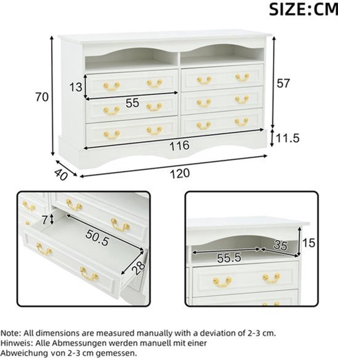 Opbergkast – Ladenkast – Sideboard – Dressoir – Kast Wit – Modern Design – 6 Laden – 120 c