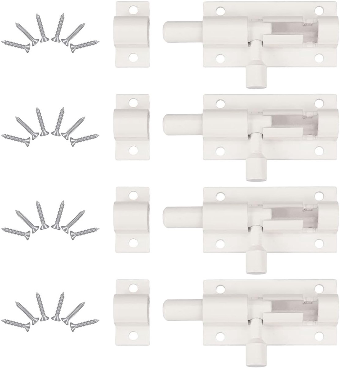 SnelShoppen - Pack van 4 Kleine Deursloten, 24 Schroeven, 63 x 25 mm, Schuifsluitingen voor Deuren en Poorten, Wit Gecoat, Ideaal voor Huishoudens en